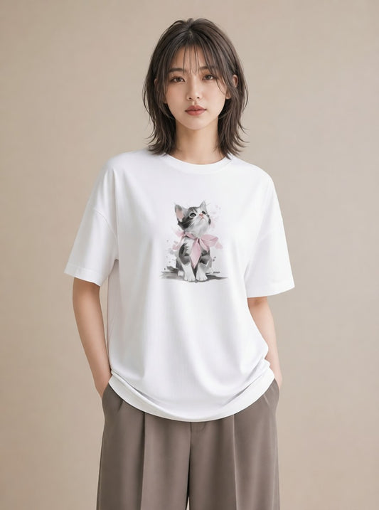 プリントTシャツ レディース 猫 ねこ イラスト 上品 秋コーデ おしゃれギフト 白T YMAZO