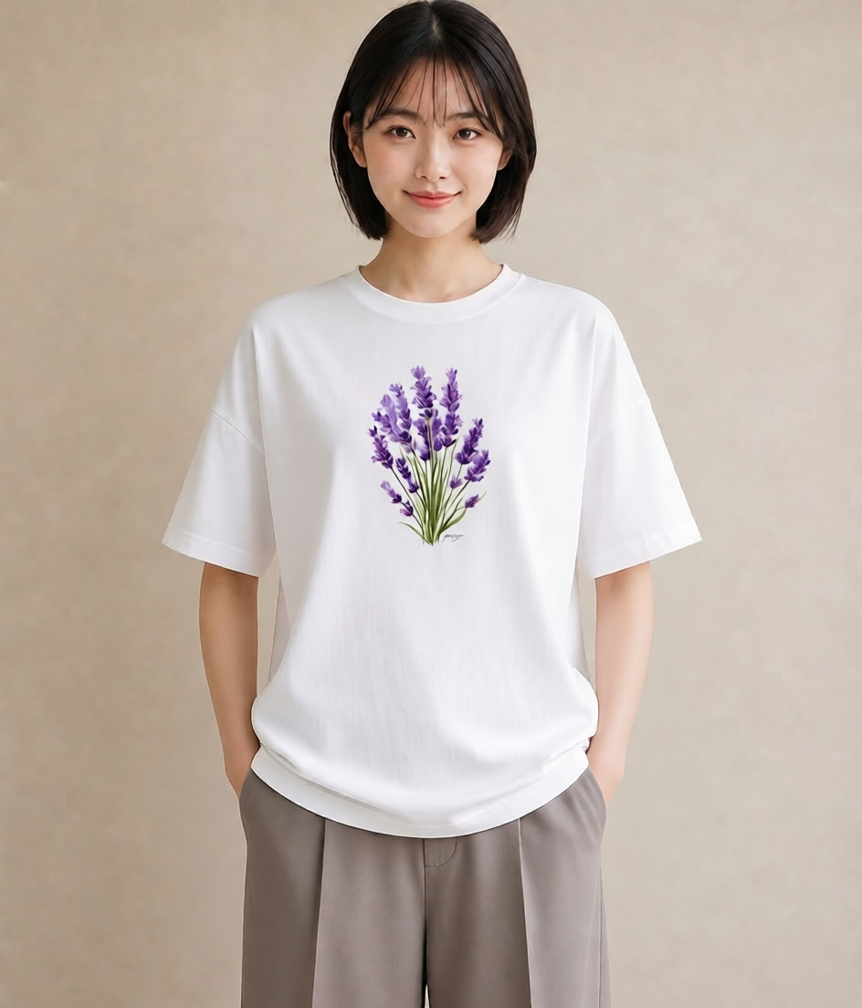 半袖Tシャツ レディース ラベンダー 花 花柄 イラスト ラフカジュアル 通学 誕生日プレゼント 白T