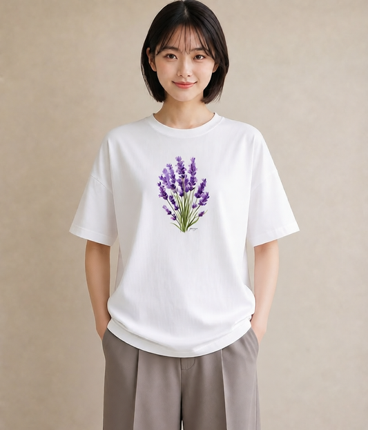 半袖Tシャツ レディース ラベンダー 花 花柄 イラスト ラフカジュアル 通学 誕生日プレゼント 白T YMAZO