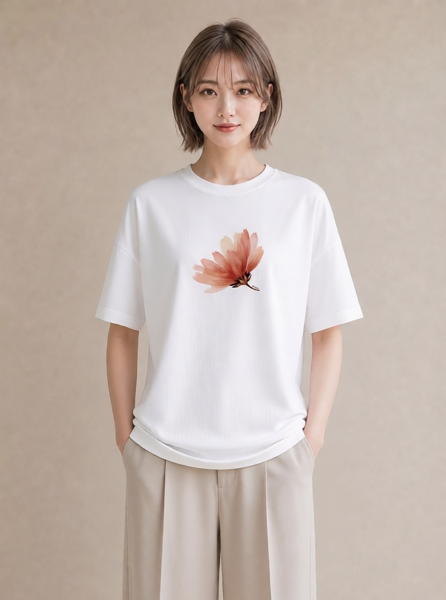 デザインTシャツ レディース コスモス 秋桜 花 花柄 イラスト ゆるかわ ミセス 春コーデ 白T YMAZO