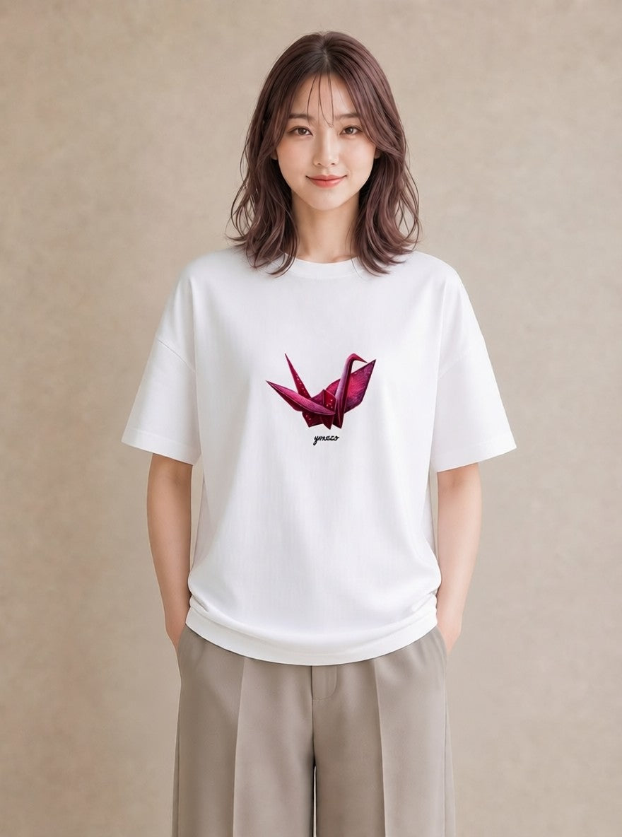 プリントTシャツ レディース 折り鶴 折り紙 ナチュラル アンティーク イラスト 淡色 ルームウェア ギフト 白T YMAZO