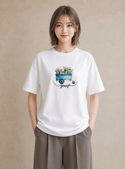 半袖Tシャツ レディース 自転車のかご 自転車 花かご ナチュラル アンティーク イラスト ボタニカル 20代 カジュアルコーデ 白T YMAZO