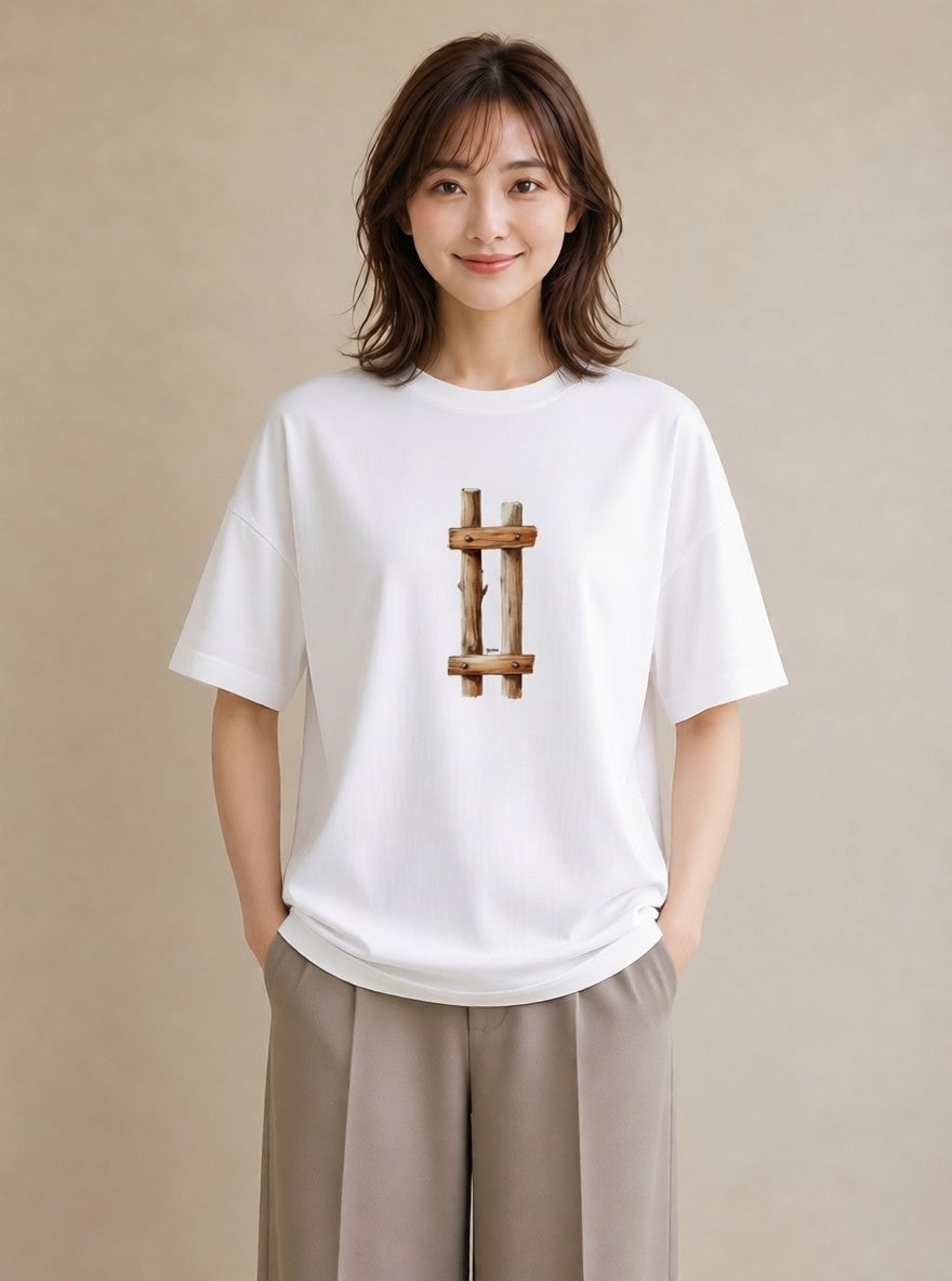 プリントTシャツ レディース 駅のホーム ローカル線 駅 ナチュラル アンティーク イラスト 淡色 デイリーウェア 休日 白T YMAZO
