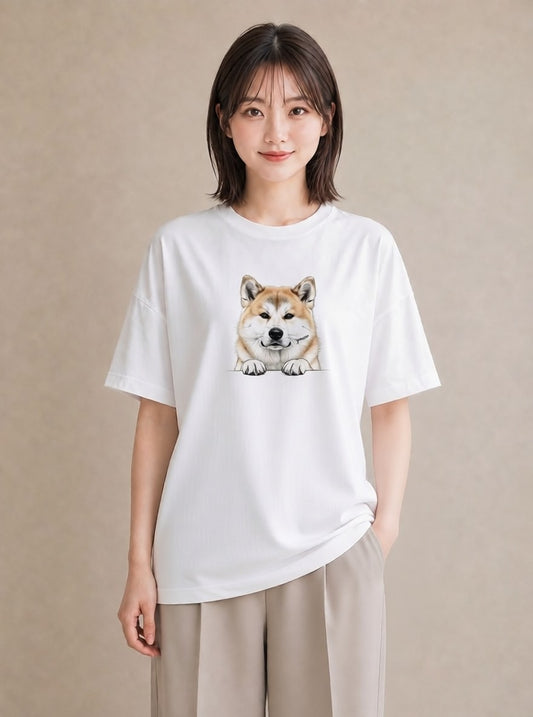 プリントTシャツ レディース 秋田犬 犬 いぬ イラスト 個性的 送別ギフト 通勤 白T YMAZO