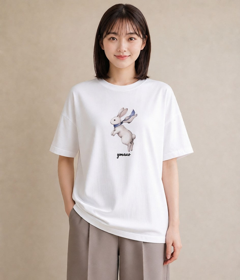 プリントTシャツ レディース うさぎ ウサギ ラビット ペット 動物 イラスト 上品 部屋着 女性向けギフト 白T YMAZO