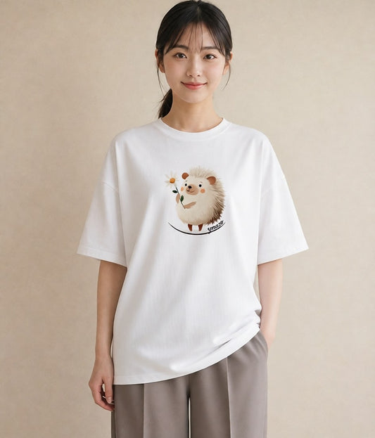 プリントTシャツ レディース ハリネズミ ペット 動物 イラスト 休日コーデ 社会人 女性 白T YMAZO