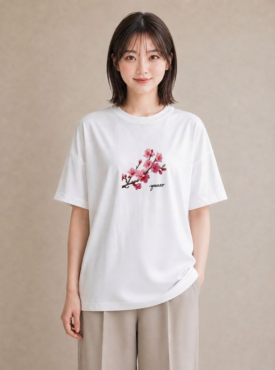 デザインTシャツ レディース 梅 花 花柄 イラスト 線画 ラフ レイヤード 白T YMAZO