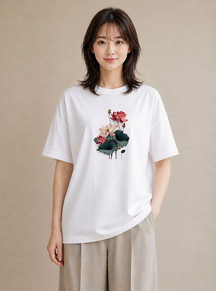 デザインTシャツ レディース 蓮 花 花柄 イラスト ゆるコーデ 20代 カジュアルコーデ 白T YMAZO