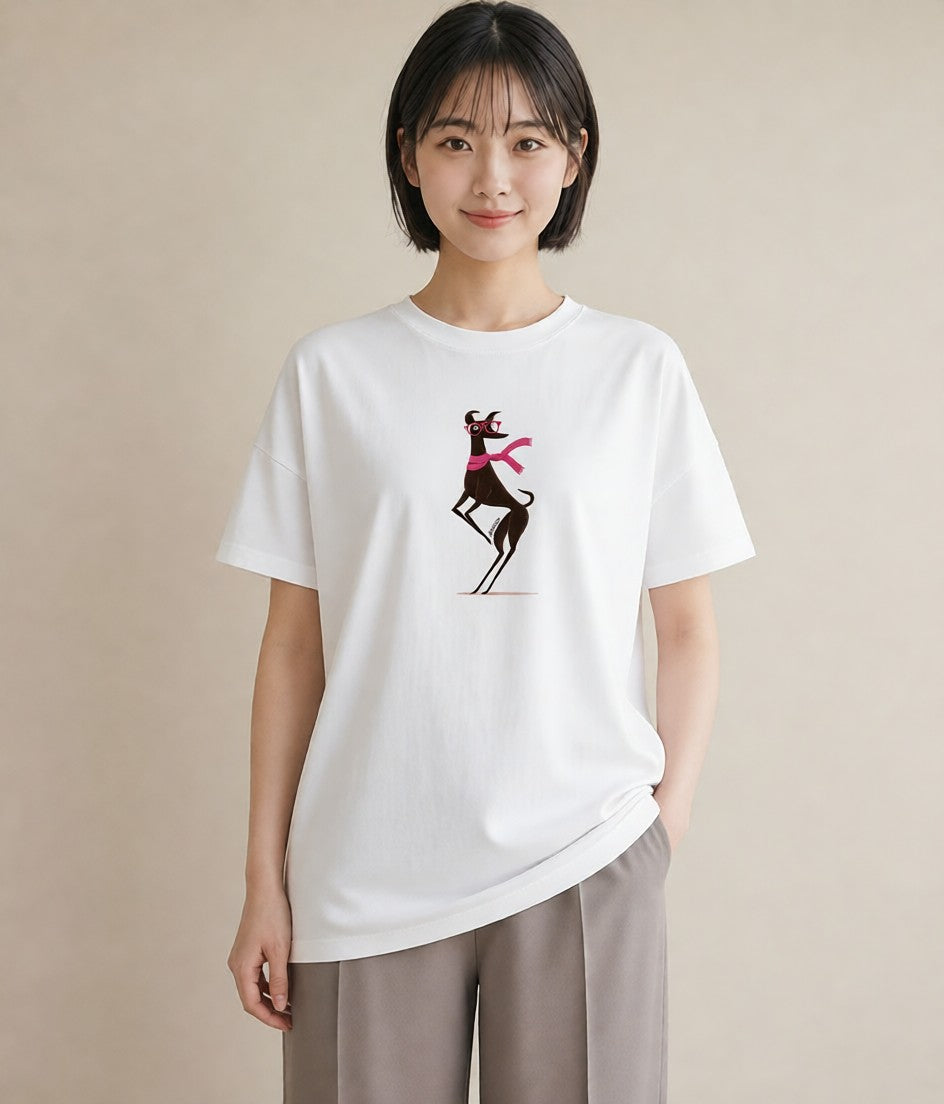 半袖Tシャツ レディース イタリアングレーハウンド 犬 いぬ イラスト きれいめカジュアル カジュアルコーデ 買い物 白T YMAZO