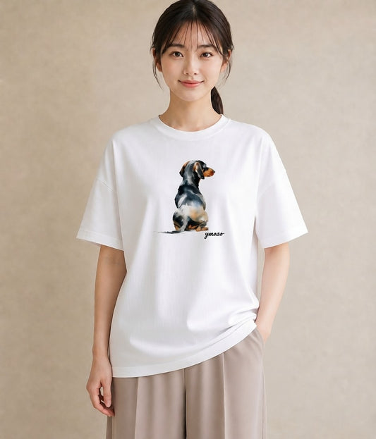 デザインTシャツ レディース ミニチュアダックスフンド 犬 いぬ イラスト フェミニン 通学 誕生日プレゼント 白T YMAZO