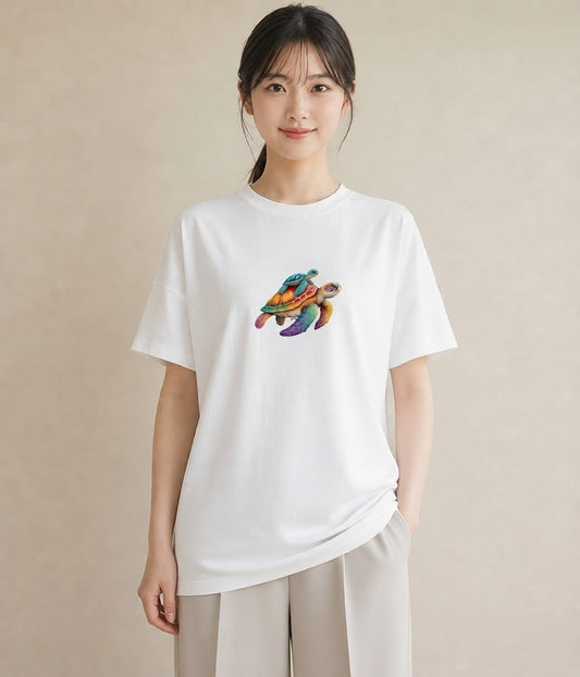 デザインTシャツ レディース カメ ペット 動物 イラスト 北欧風 お揃い 親子 白T YMAZO