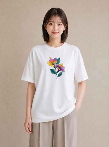 半袖Tシャツ レディース パンジー 花 花柄 イラスト お洒落 女性 旅行用 白T
