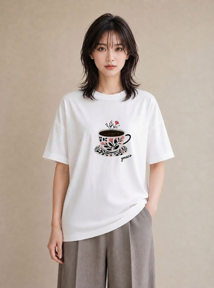 Tシャツ レディース 紅茶 食べ物 フード イラスト ラフカジュアル 公園 ママ 白T YMAZO