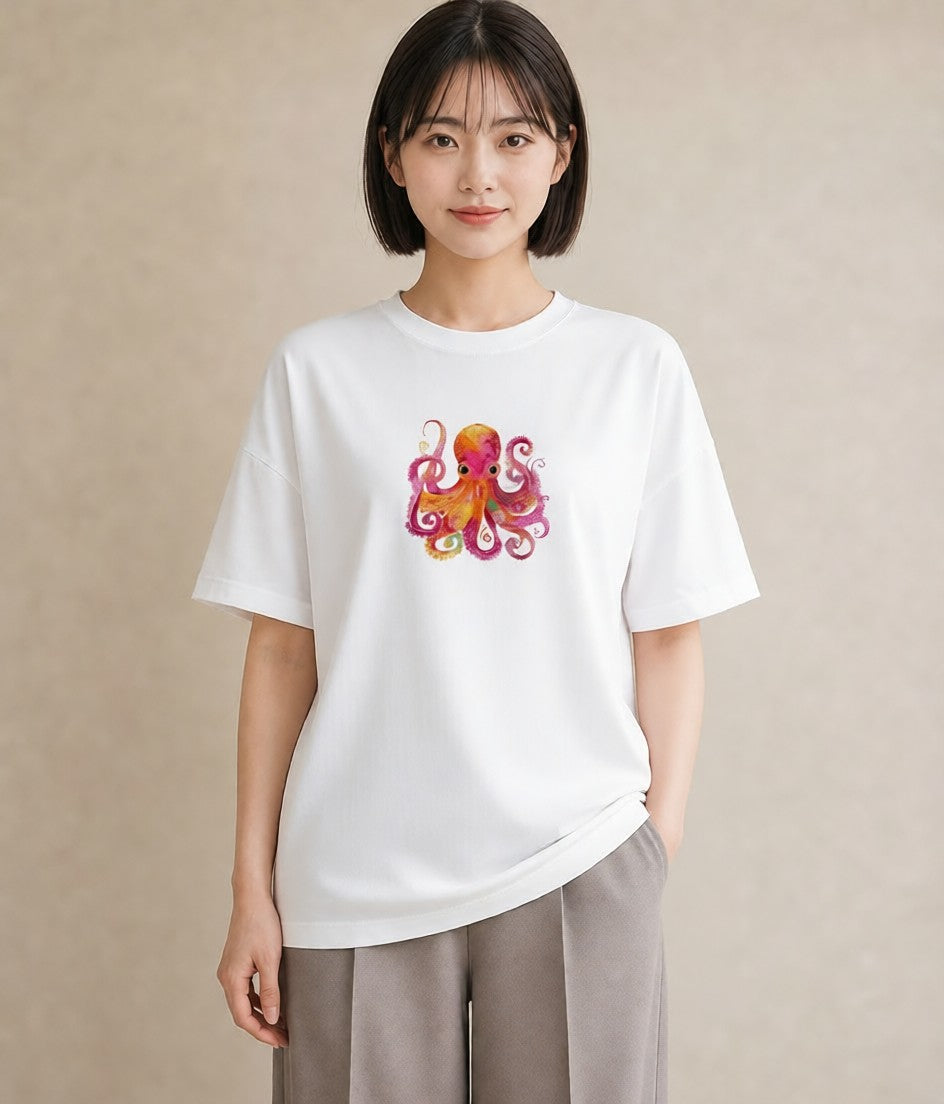 プリントTシャツ レディース イカ 海の生き物 海 イラスト シック お出かけ 普段着 白T YMAZO