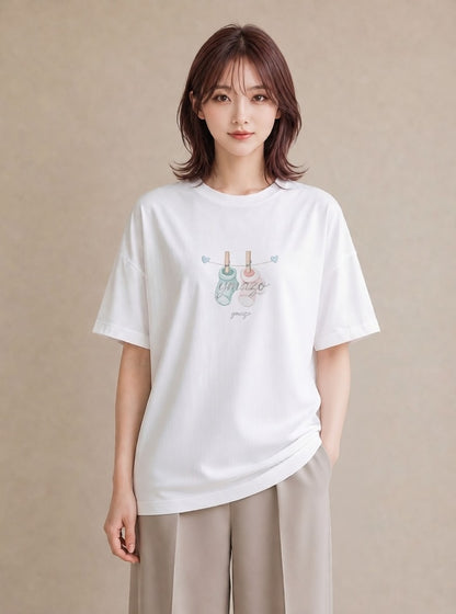 プリントTシャツ レディース 洗濯物 風 ナチュラル アンティーク イラスト シンプル ラフ レイヤード 白T YMAZO