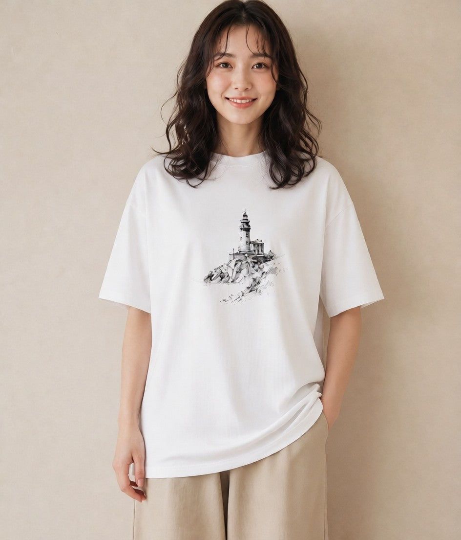 Tシャツ レディース 灯台 霧 海 ナチュラル アンティーク イラスト シック 姉妹 送別ギフト 白T YMAZO