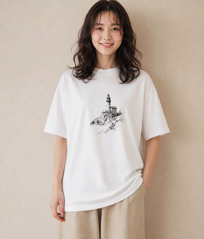 Tシャツ レディース 灯台 霧 海 ナチュラル アンティーク イラスト シック 姉妹 送別ギフト 白T YMAZO
