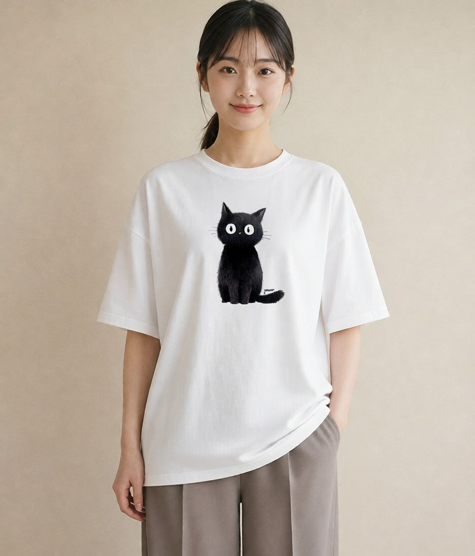 Tシャツ レディース 黒猫 猫 ねこ イラスト 旅行コーデ 海 カフェ巡り 白T YMAZO