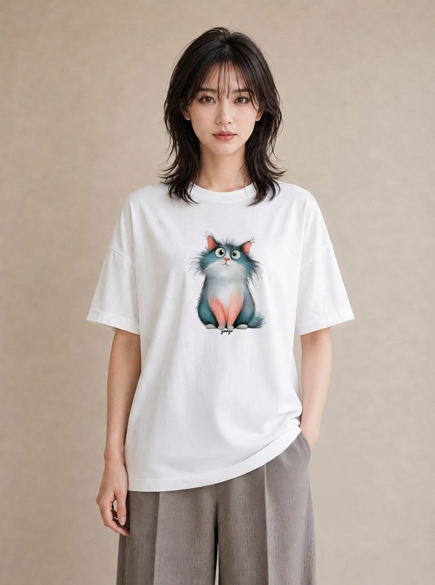 プリントTシャツ レディース 三毛猫 みけねこ 三毛 猫 ねこ イラスト 抜け感 春服 ミセス 白T YMAZO