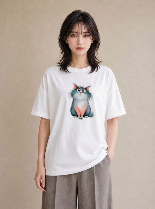 プリントTシャツ レディース 三毛猫 みけねこ 三毛 猫 ねこ イラスト 抜け感 春服 ミセス 白T YMAZO