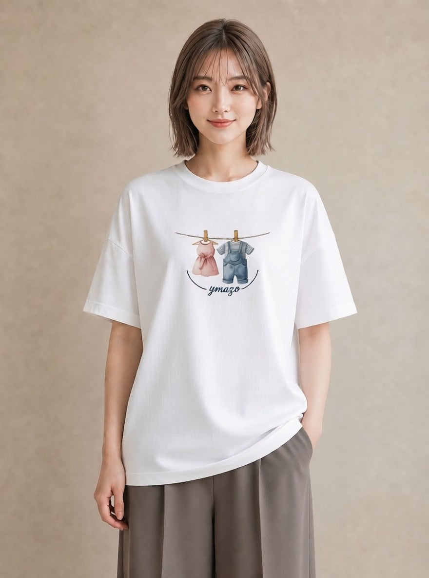 プリントTシャツ レディース 洗濯物 風 ナチュラル アンティーク イラスト 個性的 デイリーウェア 休日 白T YMAZO
