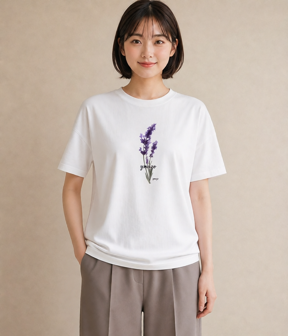 半袖Tシャツ レディース ラベンダー 花 花柄 イラスト 韓国風 綿100 デート 白T
