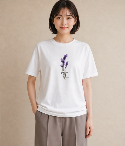 半袖Tシャツ レディース ラベンダー 花 花柄 イラスト 韓国風 綿100 デート 白T
