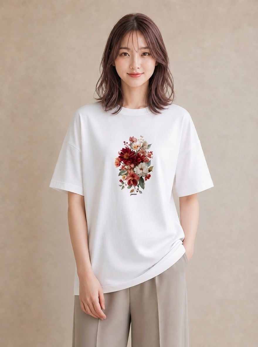 グラフィックTシャツ レディース ポスト 野の花 レトロ ナチュラル アンティーク イラスト 水彩風 ペアコーデ 秋コーデ 白T YMAZO