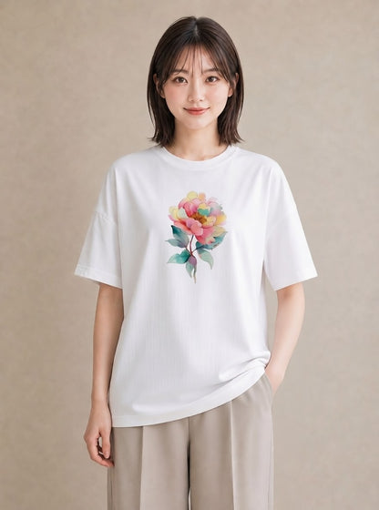 Tシャツ レディース 牡丹 花 花柄 イラスト ゆるコーデ ビーチ デイリーウェア 白T