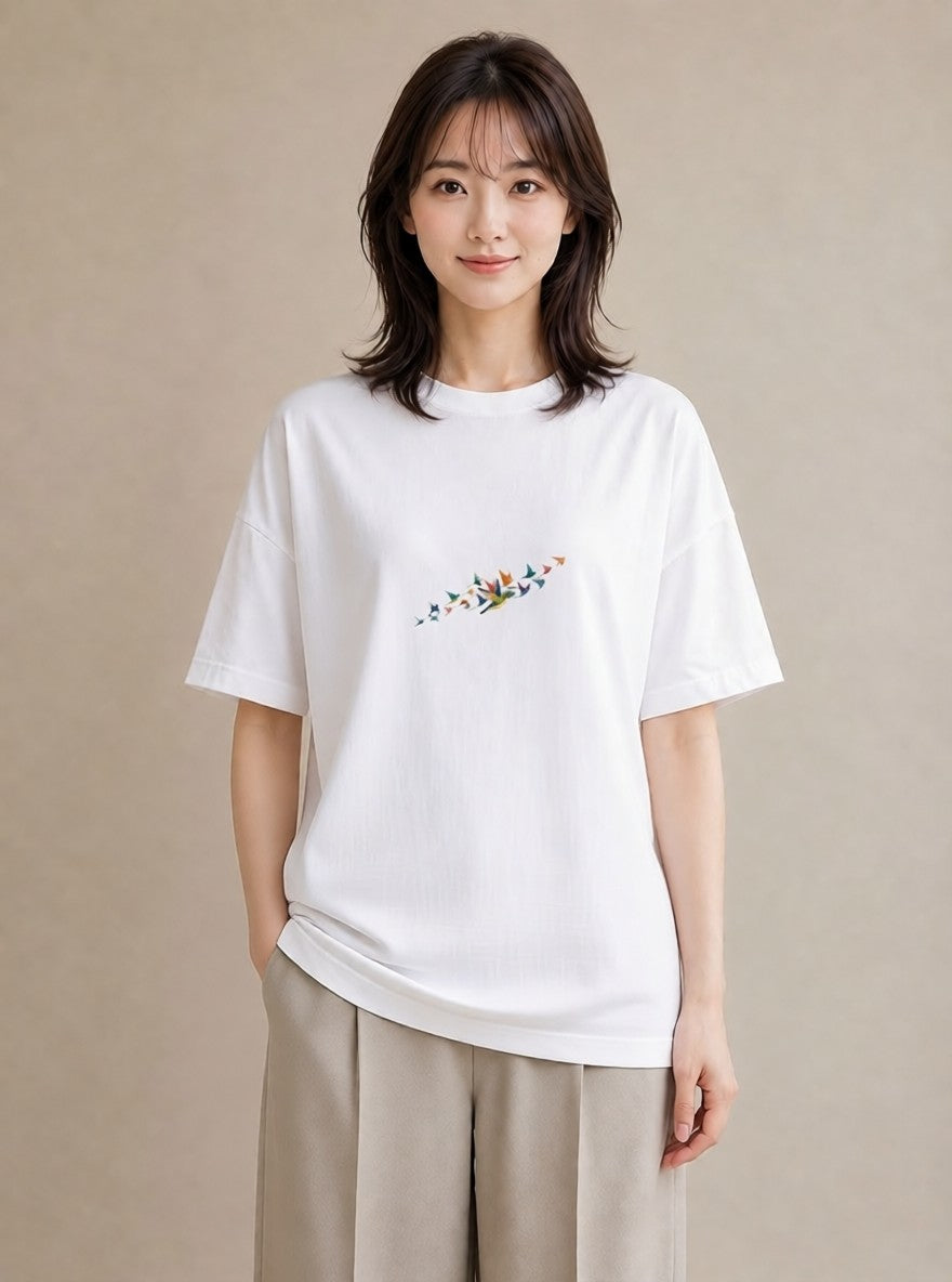 デザインTシャツ レディース 遠い家と鳥 風景 鳥 ナチュラル アンティーク イラスト 手描き風 週末コーデ 敬老の日 白T YMAZO