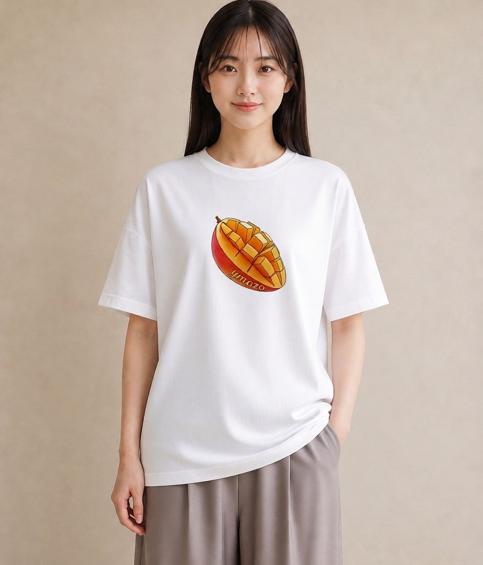 Tシャツ レディース もも 食べ物 フード イラスト 淡色 春服 ミセス 白T YMAZO