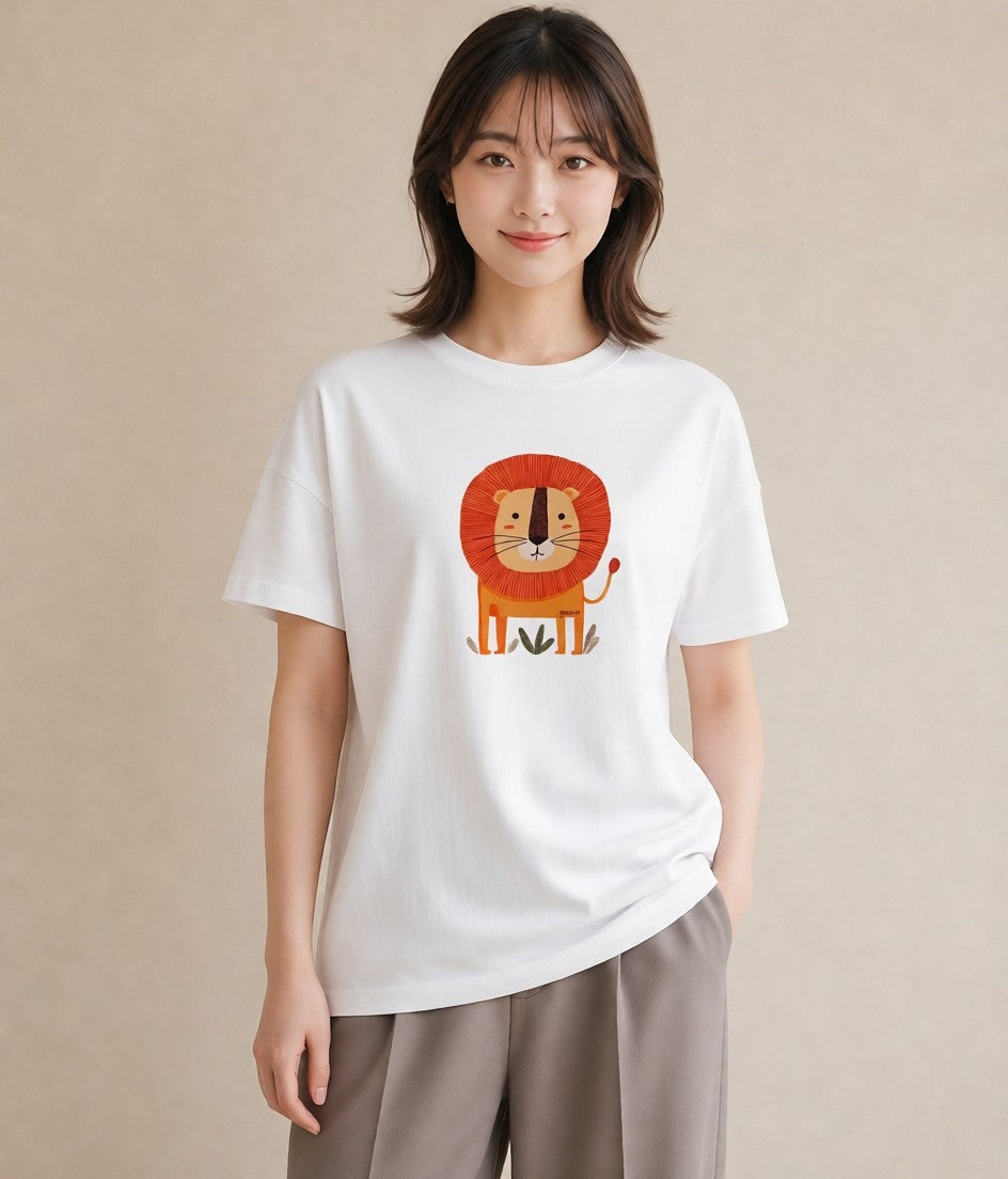 プリントTシャツ レディース ライオン 動物 アニマル イラスト 可愛い デイリーウェア 休日 白T YMAZO
