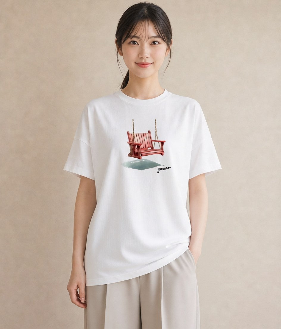 半袖Tシャツ レディース 雨上がりのベンチ ベンチ ナチュラル アンティーク イラスト アート風 休日 ペアコーデ 白T YMAZO