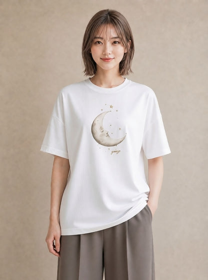 プリントTシャツ レディース 三日月 星空 宇宙 イラスト きれいめ おしゃれギフト 社会人 白T YMAZO