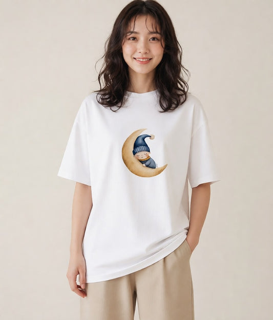 Tシャツ レディース 三日月 星空 宇宙 イラスト アート風 ミセス 春コーデ 白T YMAZO