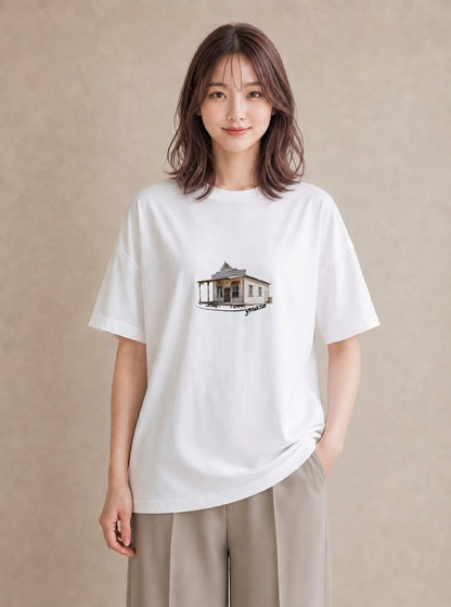 プリントTシャツ レディース 駅のホーム ローカル線 駅 ナチュラル アンティーク イラスト ラフカジュアル カフェ服 クリスマス 白T YMAZO