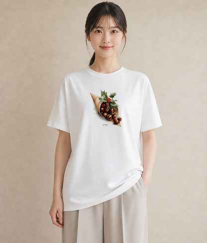 半袖Tシャツ レディース 実り 植物 ボタニカル イラスト ミニマル 通勤 在宅 白T YMAZO