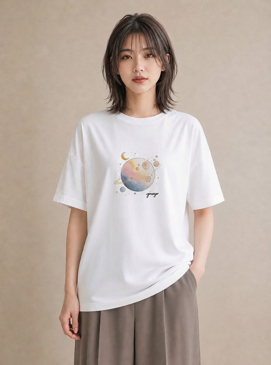 Tシャツ レディース 星 星空 宇宙 イラスト ガーリー ペアコーデ 秋コーデ 白T YMAZO
