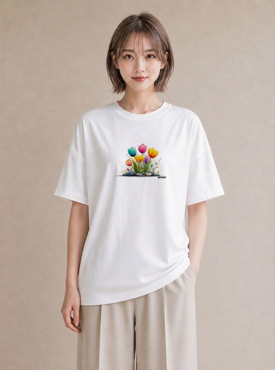 デザインTシャツ レディース チューリップ 花 花柄 イラスト ガーリー お出かけ 普段着 白T YMAZO