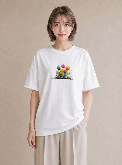 デザインTシャツ レディース チューリップ 花 花柄 イラスト ガーリー お出かけ 普段着 白T YMAZO