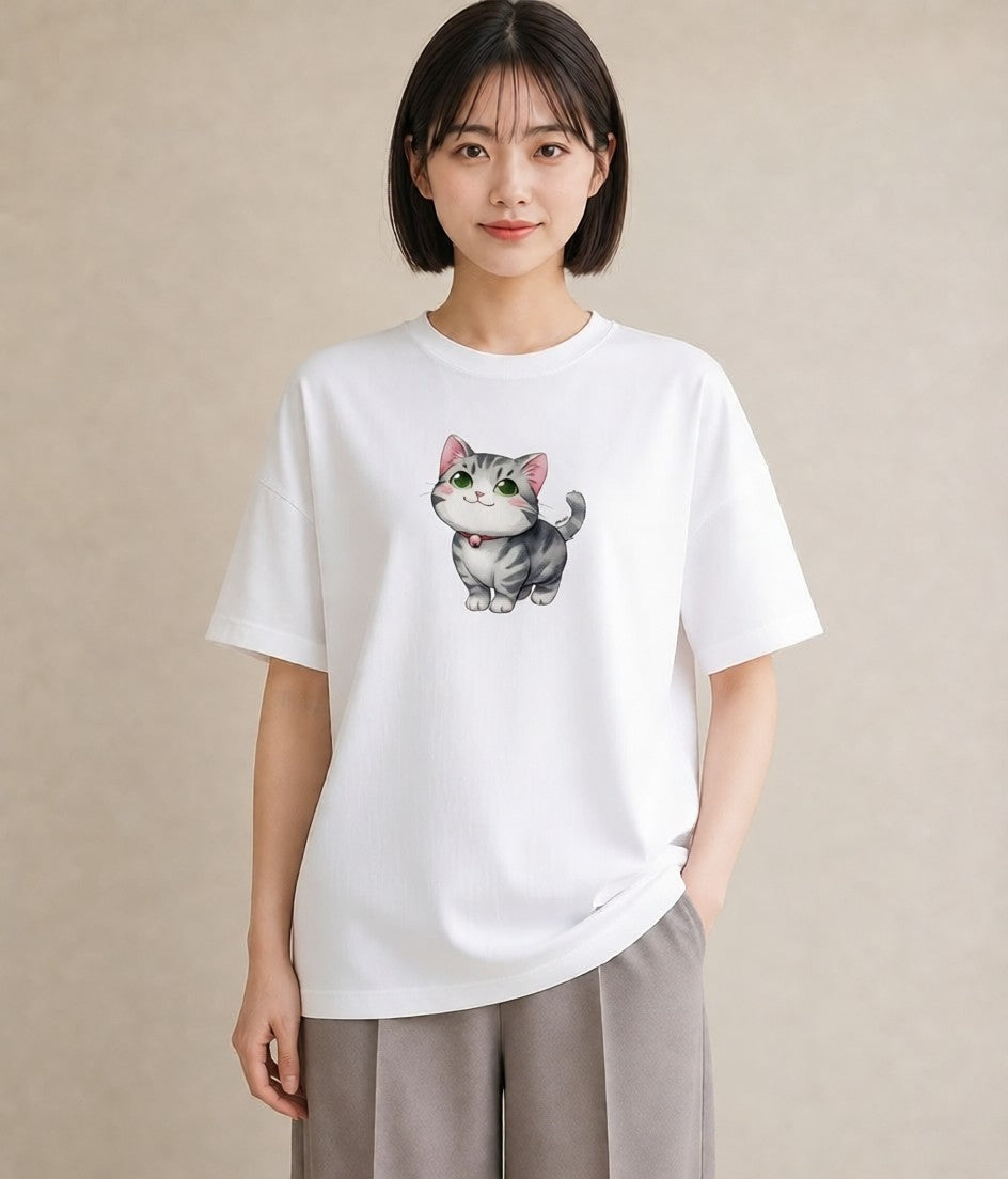 プリントTシャツ レディース マンチカン 猫 ねこ イラスト ラフカジュアル 社会人 女性 白T YMAZO