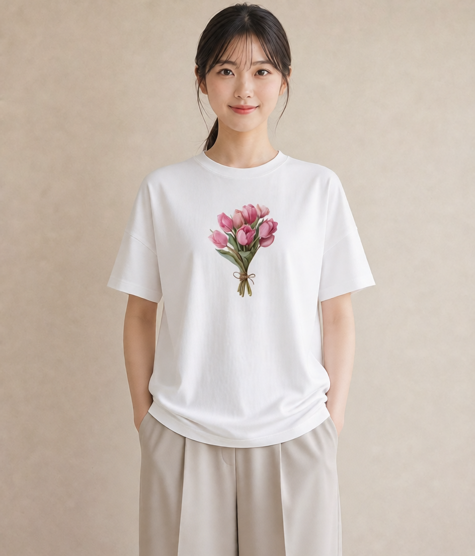 Tシャツ レディース チューリップ 花 花柄 イラスト フェミニン 秋コーデ おしゃれギフト 白T