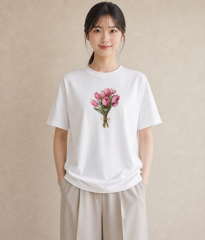 Tシャツ レディース チューリップ 花 花柄 イラスト フェミニン 秋コーデ おしゃれギフト 白T
