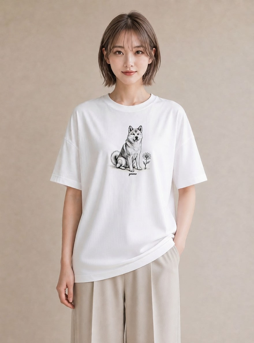 半袖Tシャツ レディース 秋田犬 犬 いぬ イラスト こなれ感 自分用 ルームウェア 白T YMAZO