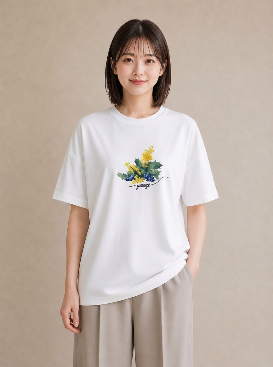 半袖Tシャツ レディース ミモザ 花 花柄 イラスト ユニーク 女性向けギフト 散歩 白T