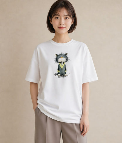 プリントTシャツ レディース ハチワレ 白黒猫 猫 ねこ イラスト シンプル ペアコーデ 秋コーデ 白T YMAZO