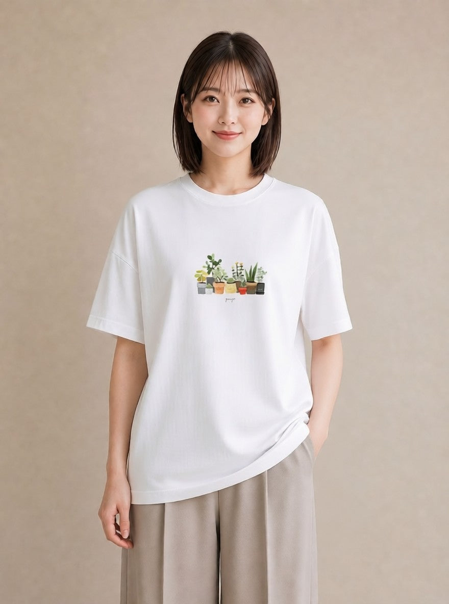 プリントTシャツ レディース 多肉植物 植物 ボタニカル イラスト 上品 母の日 ビーチ 白T YMAZO