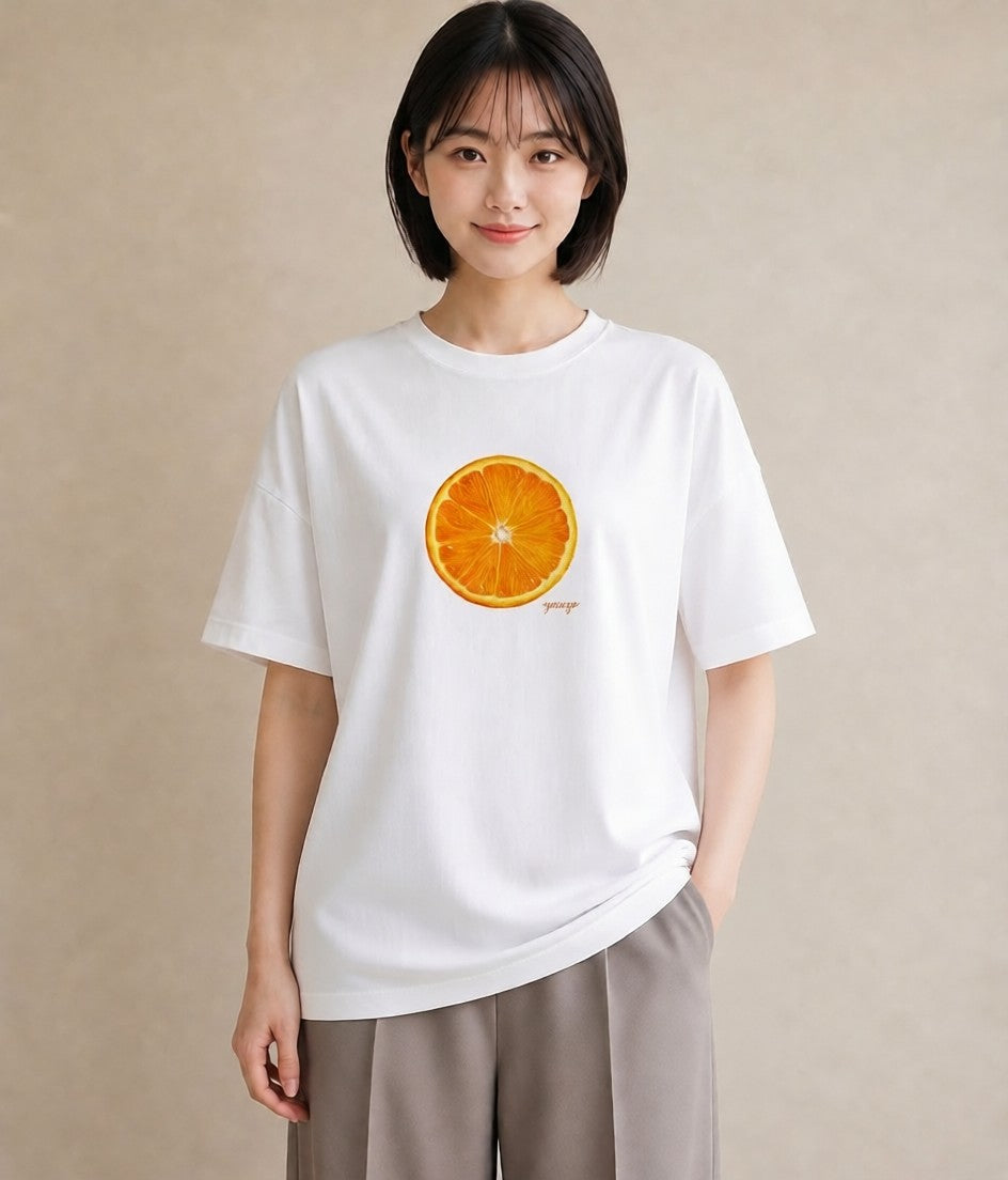 デザインTシャツ レディース みかん 食べ物 フード イラスト カジュアル 週末コーデ 敬老の日 白T YMAZO
