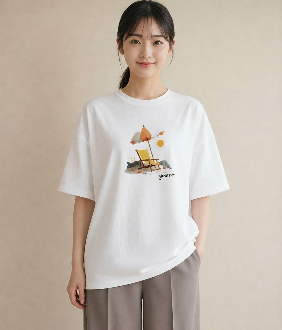 Tシャツ レディース 海 リゾート 夏 イラスト ラフカジュアル お出かけ 普段着 白T YMAZO