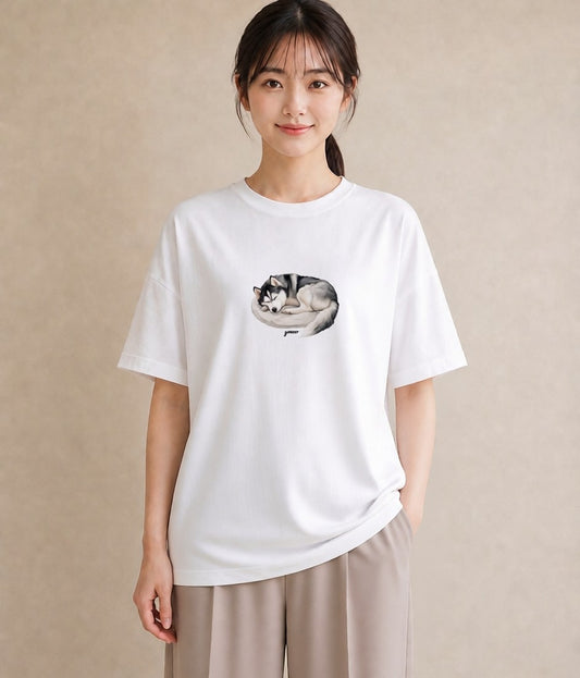 Tシャツ レディース シベリアンハスキー 犬 いぬ イラスト ヴィンテージ風 週末コーデ 敬老の日 白T YMAZO